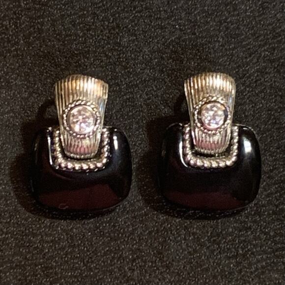 Judith Ripka Earrings Sterling Silver, CZ & Black Onyx Door Knockers Omega Backs - Picture 9 of 11